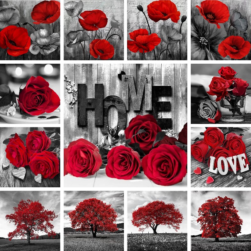 Resin Art With Rose - Mosaic Diamond Red Black Art Landscape